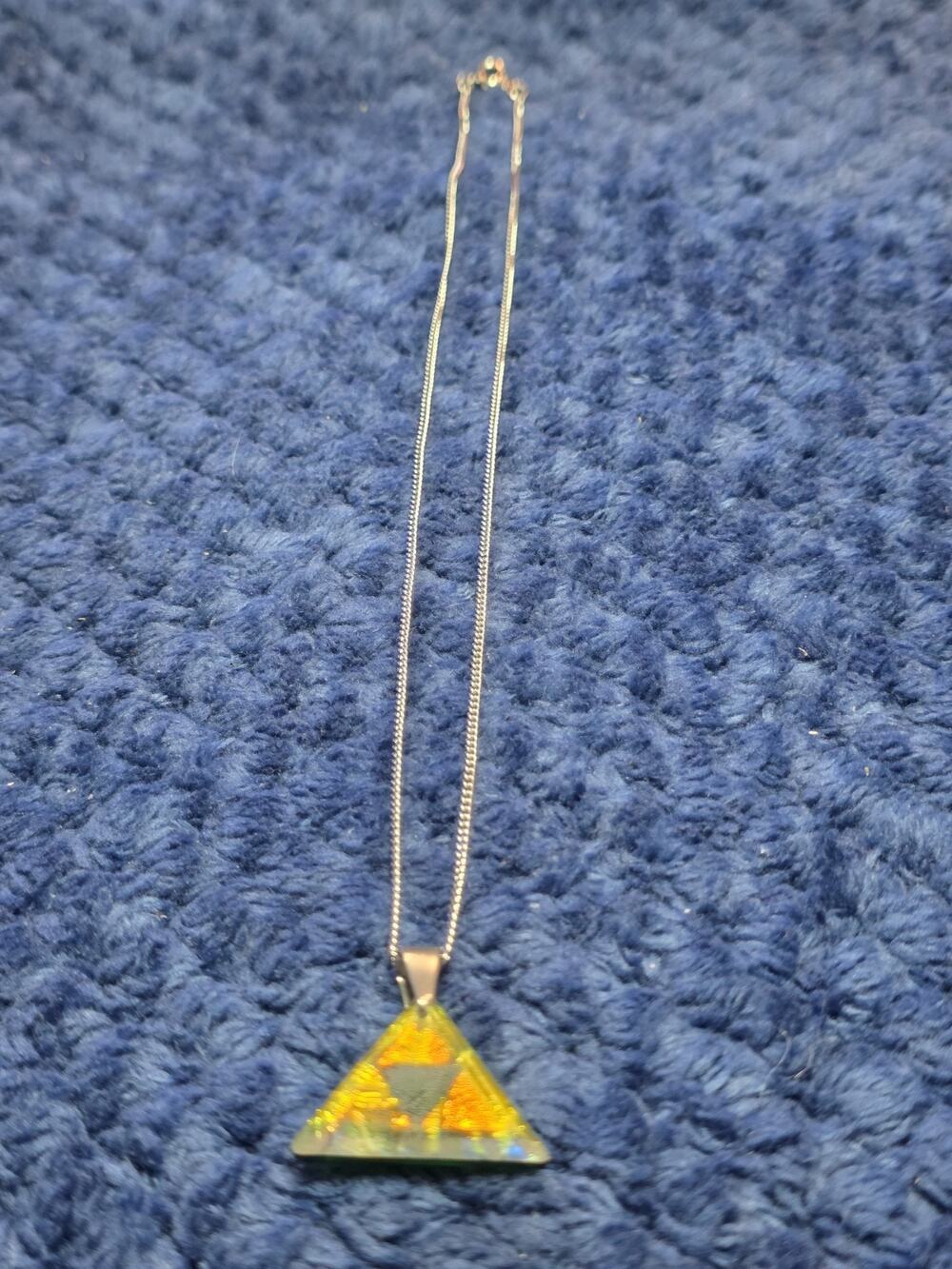 Handmade Dichroic Fused Glass Triangle Pendant Necklace Iridescent Gold Green